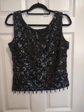 Vintage 1960s Beaded Go Go Fringe Cocktail Top Black Wool Sequins Beads Lined S