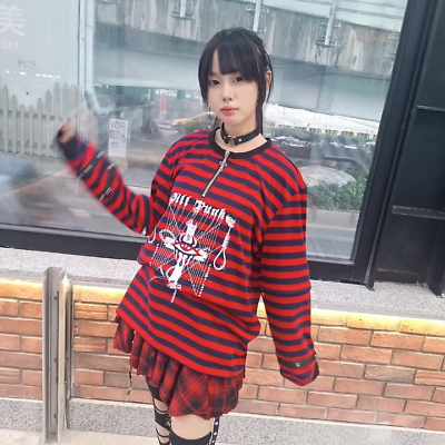 Y2K Punk Visual Kei Rock cross Charm unisex Striped 1/4 zip Y2K Punk Visual Kei Rock cross Charm unisex Striped 1/4 zip
