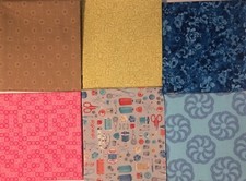Set Of 6 Assorted Fat Quarters Blue YellowGreen Teal Pink Tan 100 Quilt Fabric