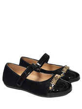 NIB NEW Moschino Girls Black Fur with Patent Cap Toe Logo Flats 24 US 8