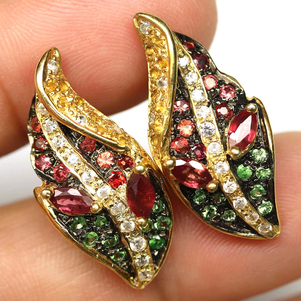 925 Sterling Silver Orange Sapphire, Tsavorite & Zircon Earrings 18K Gold Plated - Image 2 of 4