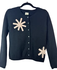 Garnet Hill Women XS black button down snowflake sweater CardiganWool Angora A52