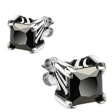 Surgical Stainless Steel Princess Cut Black 7mm CZ Stud Post Earrings