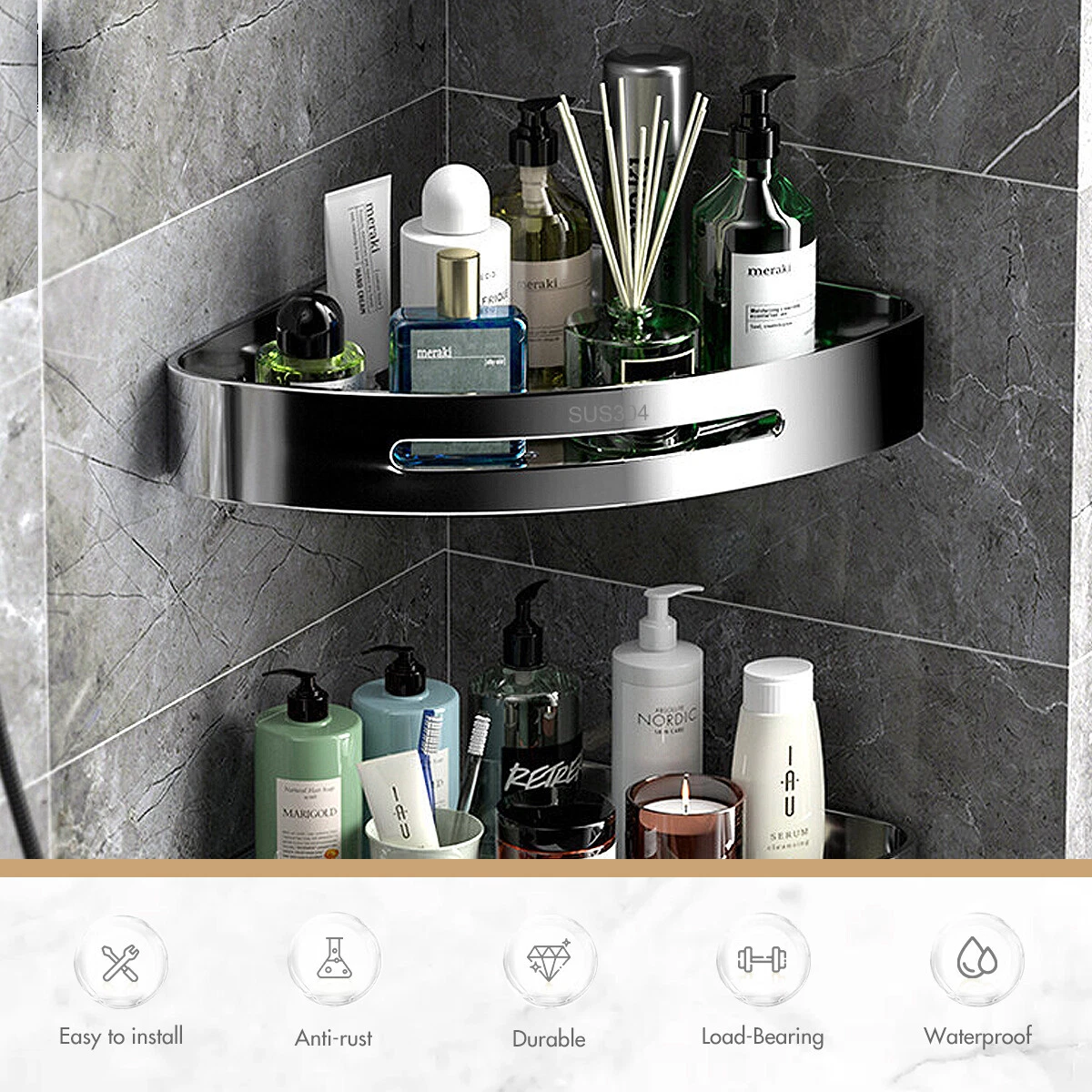 304 Stainless Steel Bathroom Shelves Silver Bathroom Accessories Shower  Corner Shelf Shampoo Storage Rack Bathroom Basket Holder