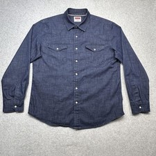 Wrangler Shirt Mens Large Blue Denim Western Pearl Snap Dark Wash Long Sleeve