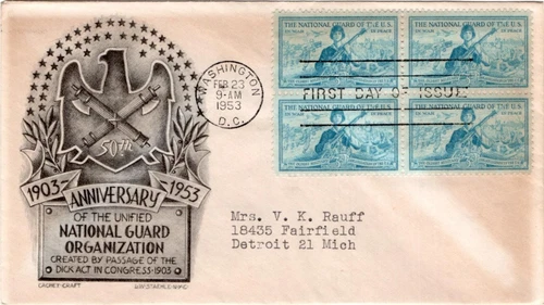 1st day cover, Sc #1017 BL4, Nat'l Guard, Mellone 5, Cachetcraft/Staehle, 1953