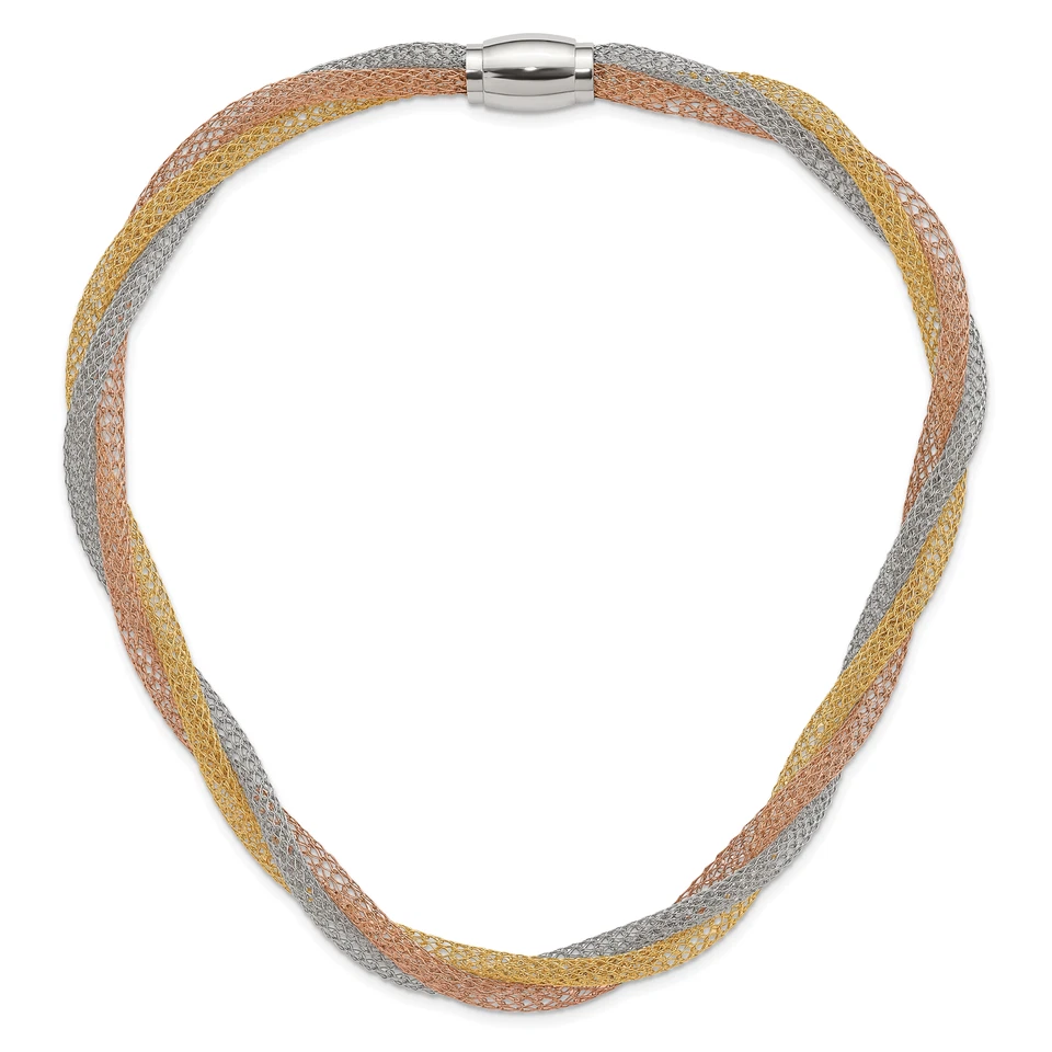 Collar de malla trenzada chapado en IP amarillo y rosa de acero inoxidable SRN1680 Foto 3 de 4