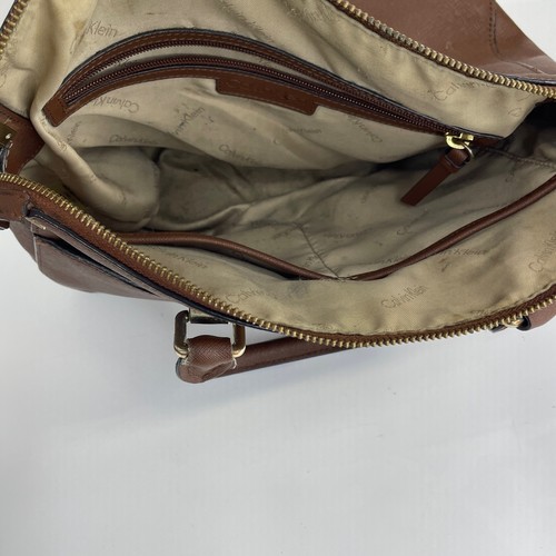 Calvin Klein Handbag Saffiano Dome Satchel Saddle Brown Leather Zip Minimalist - Picture 7 of 7