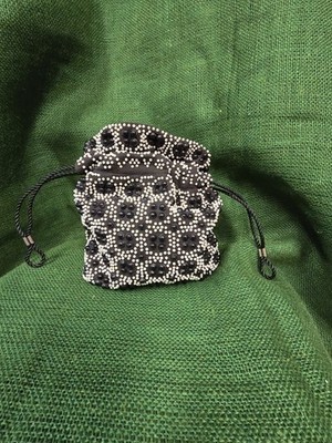 Emson Drawstring Gumball Beaded Black White Cocktail Evening Pouch Purse Bag Vtg