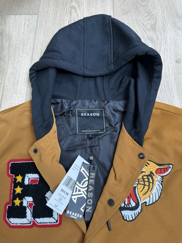 Kapuzen College Jacke NEU mit Etikett Herren L Gold Schwarz Reason Marke Patches Knöpfe - Bild 6 von 16