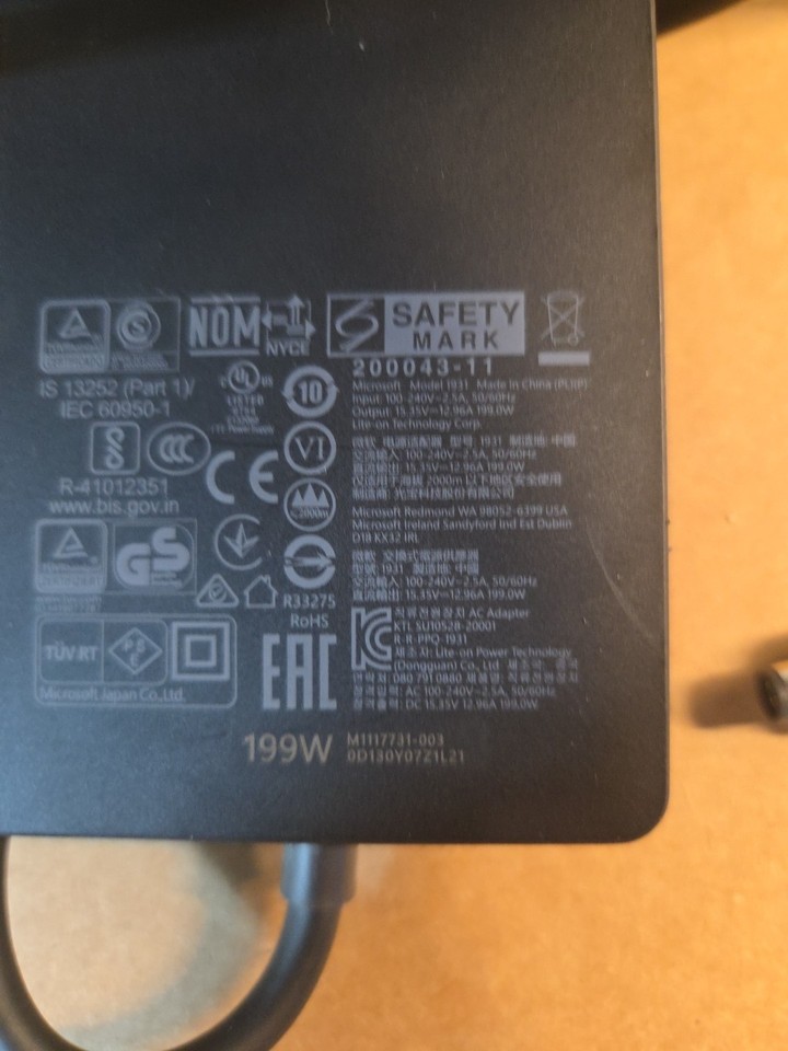 Genuine 199W Microsoft Surface AC Adapter 15.3V 12.96A Model 1931 ...