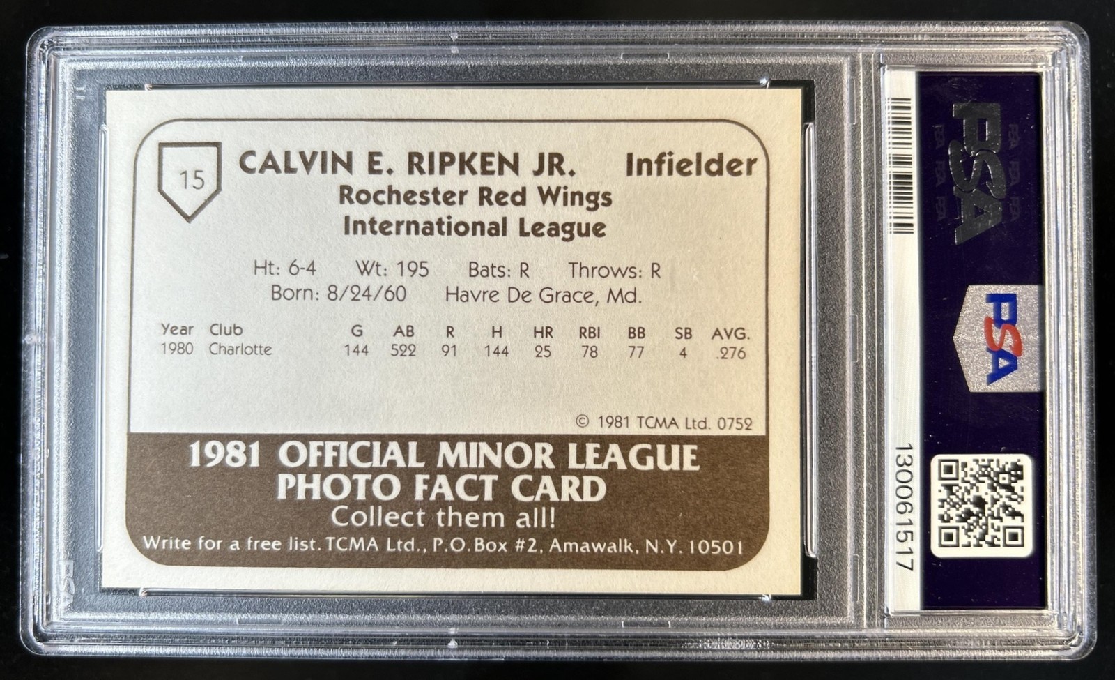 1981 TCMA Rochester Red Wings Cal Ripken Jr #15 PSA 6 view 2