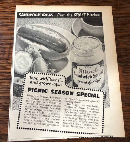 1952 MIRACLE SANDWICH SPREAD, Recipe - Vintage Magazine Ad