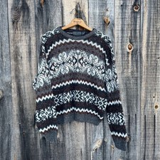 Vintage Sweater Mens Medium Brown Fair Isle Nordic Knit USA Made 90s Cottage
