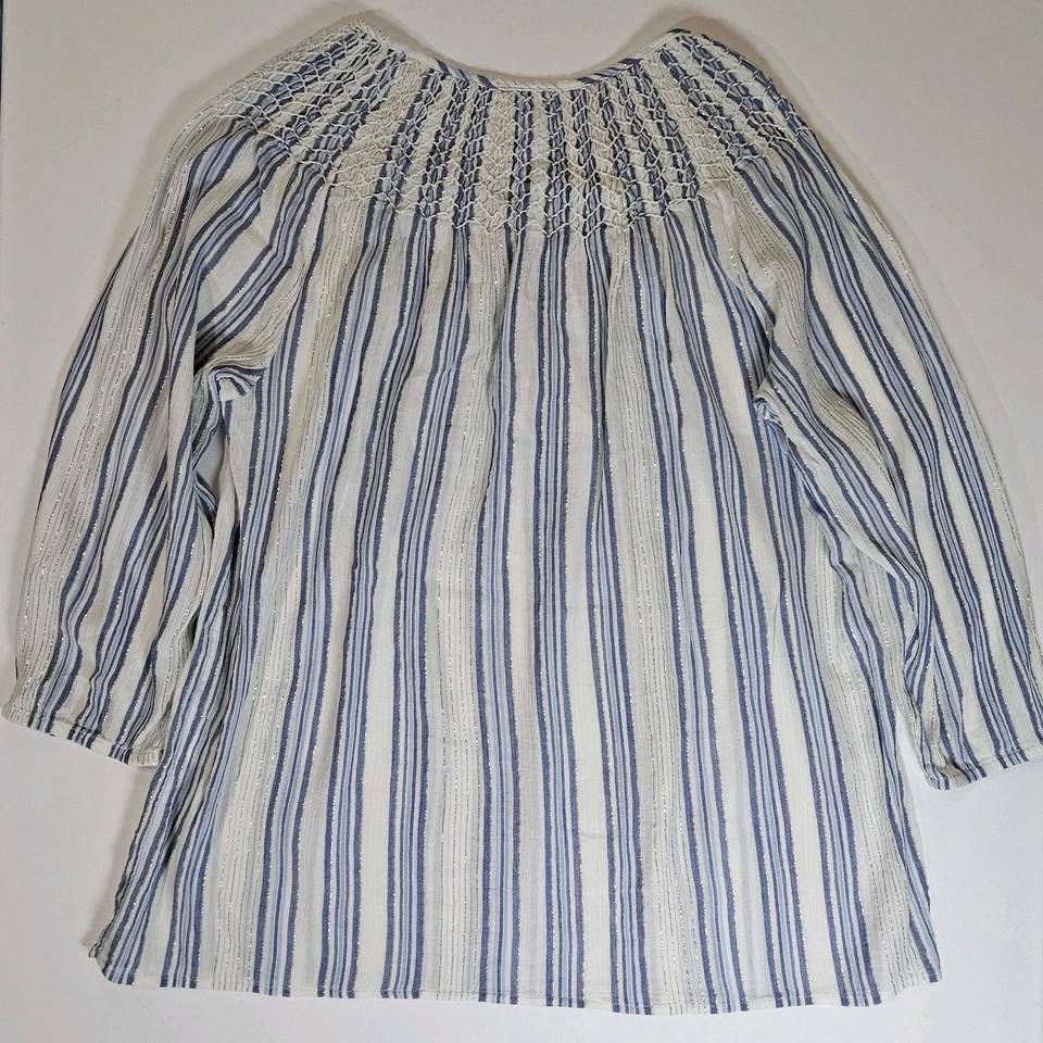 J. Jill Blouse Womens Medium Blue White Gold Sparkle Nautical Striped Resortwear - Image 2 of 4