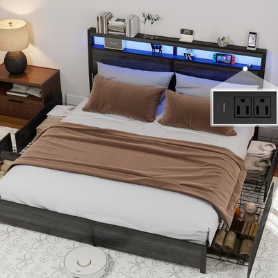 Full Queen Bed Frame with 4 Storage Drawers and Charging Station ＆ LED Lights QF