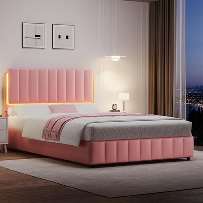 Queen Bed Frame with LED Lights Headboard Pink