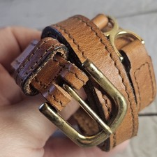 Vintage Leather Belt Womens Small Brown Cognac Brass Buckle Hinge Skinny Petite