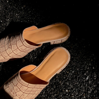 Womens 2024 Fashion Embossed Leather Square Toe Slip On Low Heel