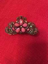Elegant Metal Gold Tone Hair Claw Pink Rhinestones Hair Clip w/Spring (CA)