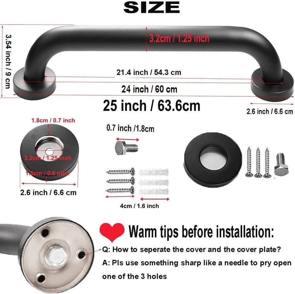 2 Pack 24 Inch Black Shower Grab Bars, Stainless Steel Bathroom Wall