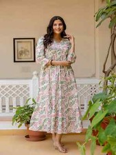 Indian Women Off White Cotton Floral Printed Flared Dress Kurta Kurti Top Tunic