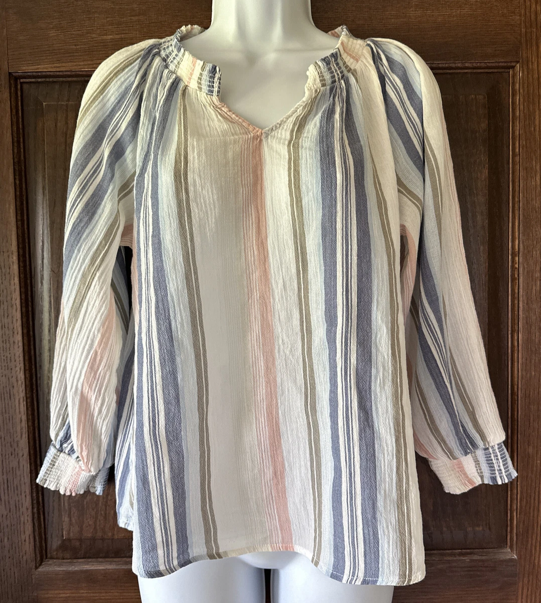 Michael Stars Peasant Top S Womens Blue Stripe Poplin Casual Small