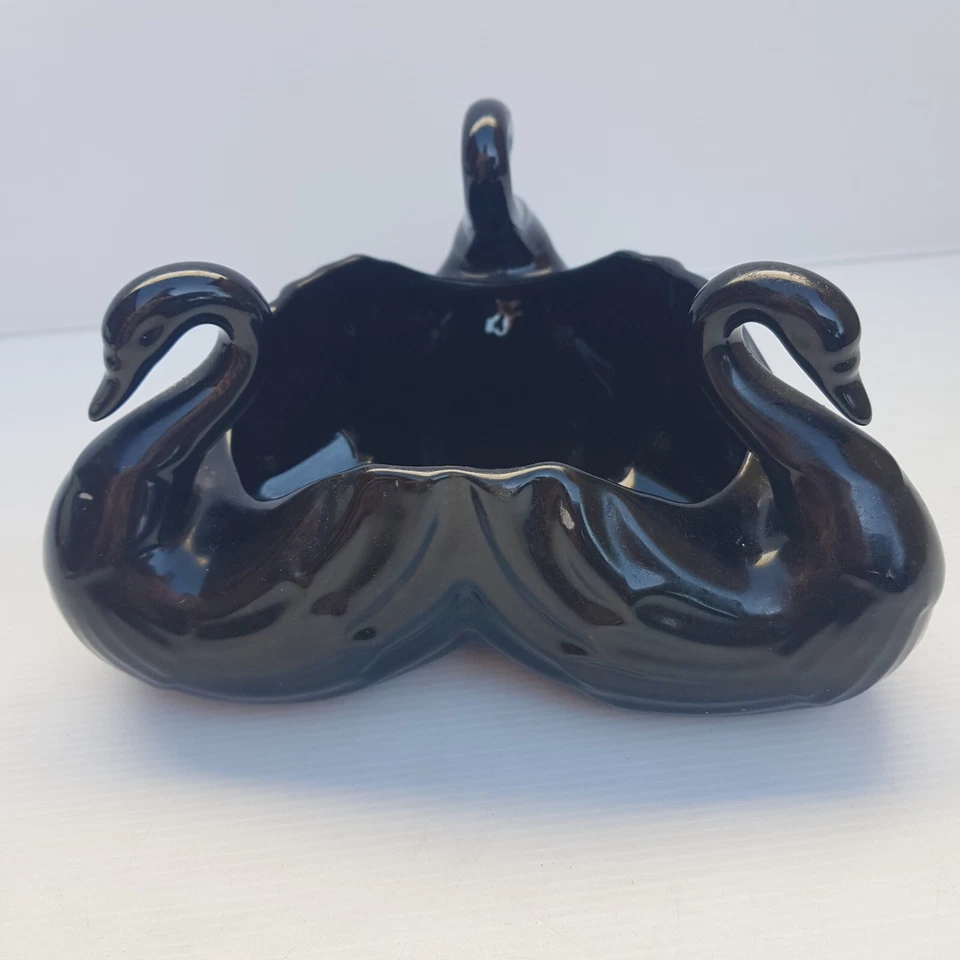 Vintage Black Vase Swan Trio Deco Vase Bird Ceramic Table Centre MCM - image 3 of 4