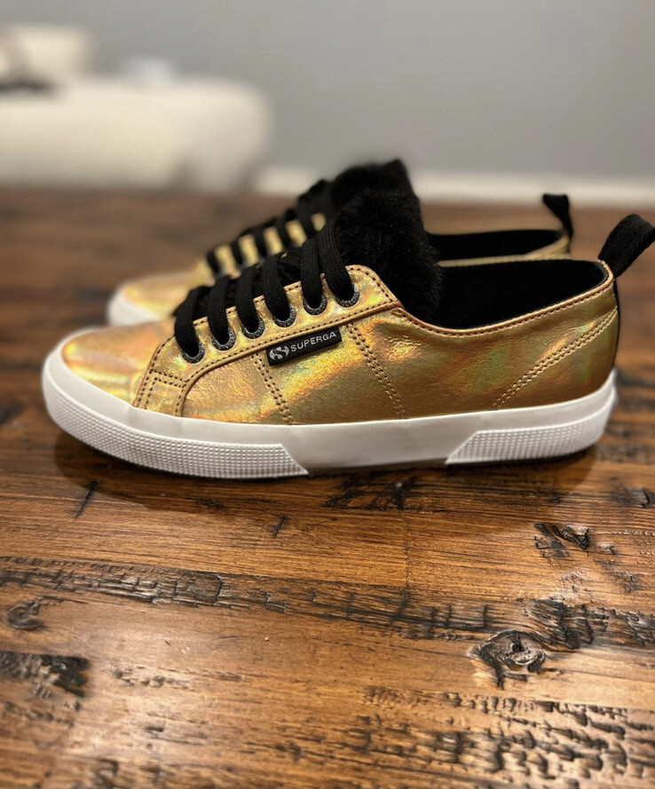 Superga x Jocelyn Gold with Black Faux Fur Trim Women Sneaker Size