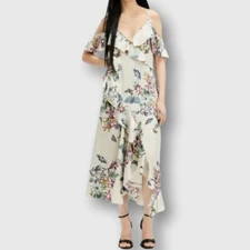 NWT Women’s Floral Cold Shoulder High-Low Faux Wrap Dress Size M Ivory Lavender