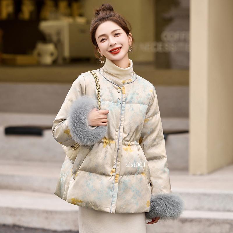 New Chinese Style Fox Fur Cuffs Down Jacket Womens Winter White