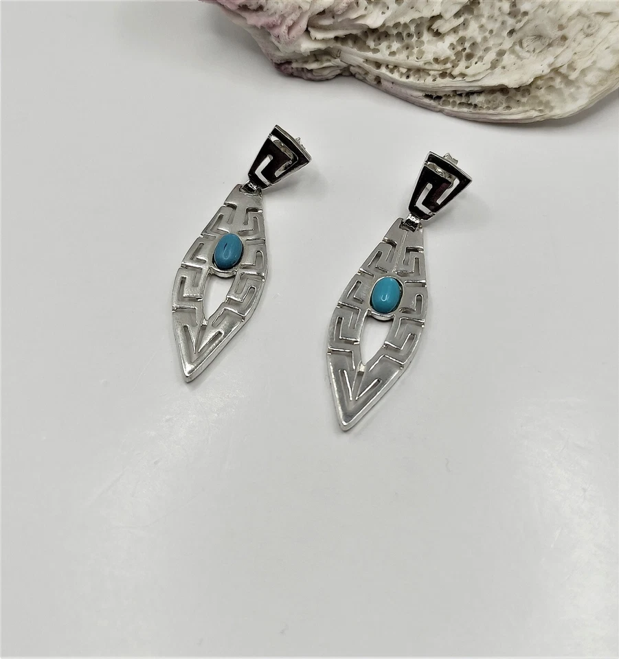 Greek Key Sterling Silver 925 Stud Earrings with Turquoise Stone - Image 3 of 4