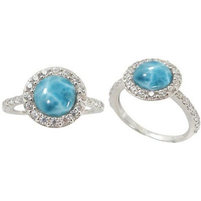 Sterling Silver Ring Round Larimar and Round White CZ Stones 6478//LR//CZWH//R