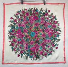 Vintage Silken Polyester Floral Scarf 29"x29" Pink Border 60s Colorful