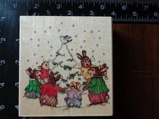 new Holly Pond Hill AROUND THE TREE Christmas Bunnies Winter Rubber Stamp