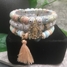 3 PC Handmade Beaded Stackable 6.50" Plus Stretch Virgin Mary Bracelet Set A909