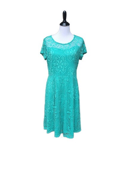 Cato Green A-Line Dress SZ 14 Floral Lace Print Illusion Neckline Short Sleeves Cato Green A-Line Dress SZ 14 Floral Lace Print Illusion Neckline Short Sleeves