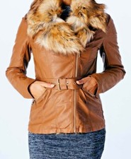 Ladies Faux Fur Hip Length Tan Biker Jacket Sizes 8 10 12 14 With Buckle Belt