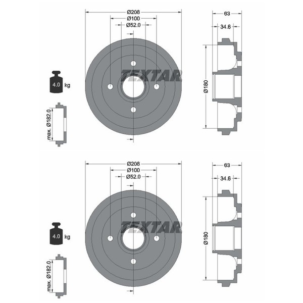 2X Textar Bremstrommeln 180Mm Hinten Passend FÜR Nissan Pixo Opel Agila |-image