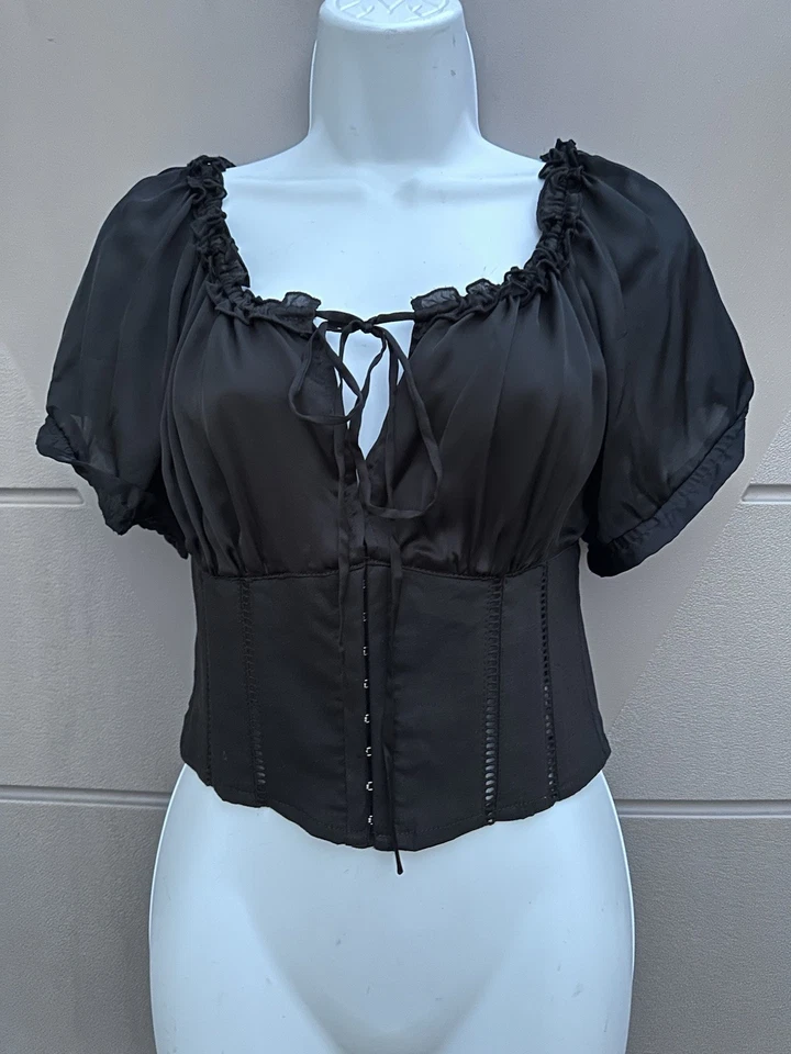 Corsé Bebe Negro Seda Lino Top Fuera del Hombro Y2K Lechera Coqueta Talla 4 Foto 4 de 4