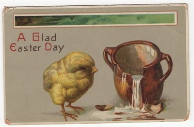 A Glad Easter Day Chicks and Broken Pot Antique Postcard