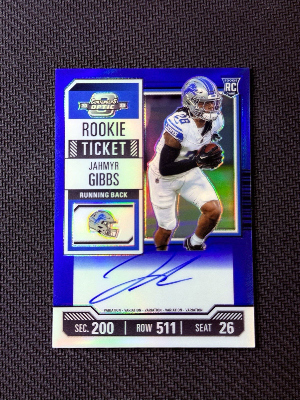 JAHMYR GIBBS 2023 CONTENDERS OPTIC ROOKIE TICKET BLUE VARIATION RC AUTO /50