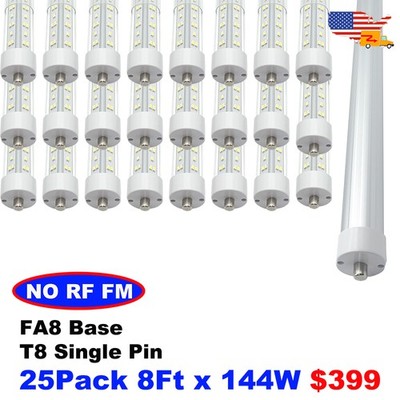 25 Pack 8 Foot LED Shop Lights Single Pin 144W 6500K 8' LED Bulbs Ballast Bypass