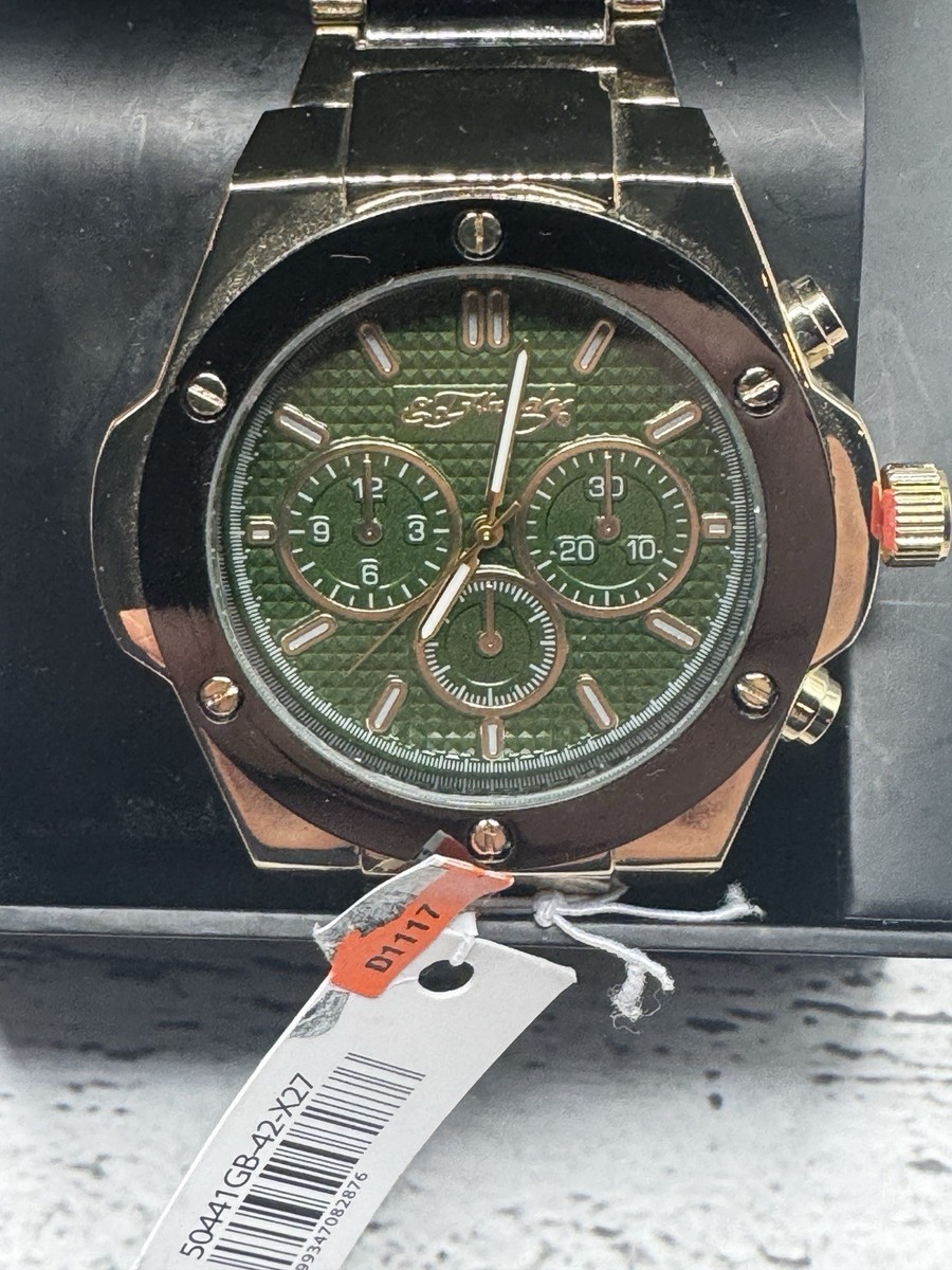 Ed Hardy Gold Tone Chronograph Watch New In Box With Green Dial | eBay