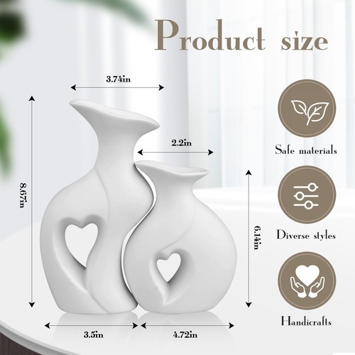Heart Ceramic Vase Set of 2, White Flower Vases for Lovers, Modern Minimalist... - Picture 5 of 7