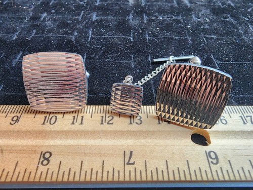 Vintage Cufflink Set Silver Tone Stamped Weave Rolled Edge Used 