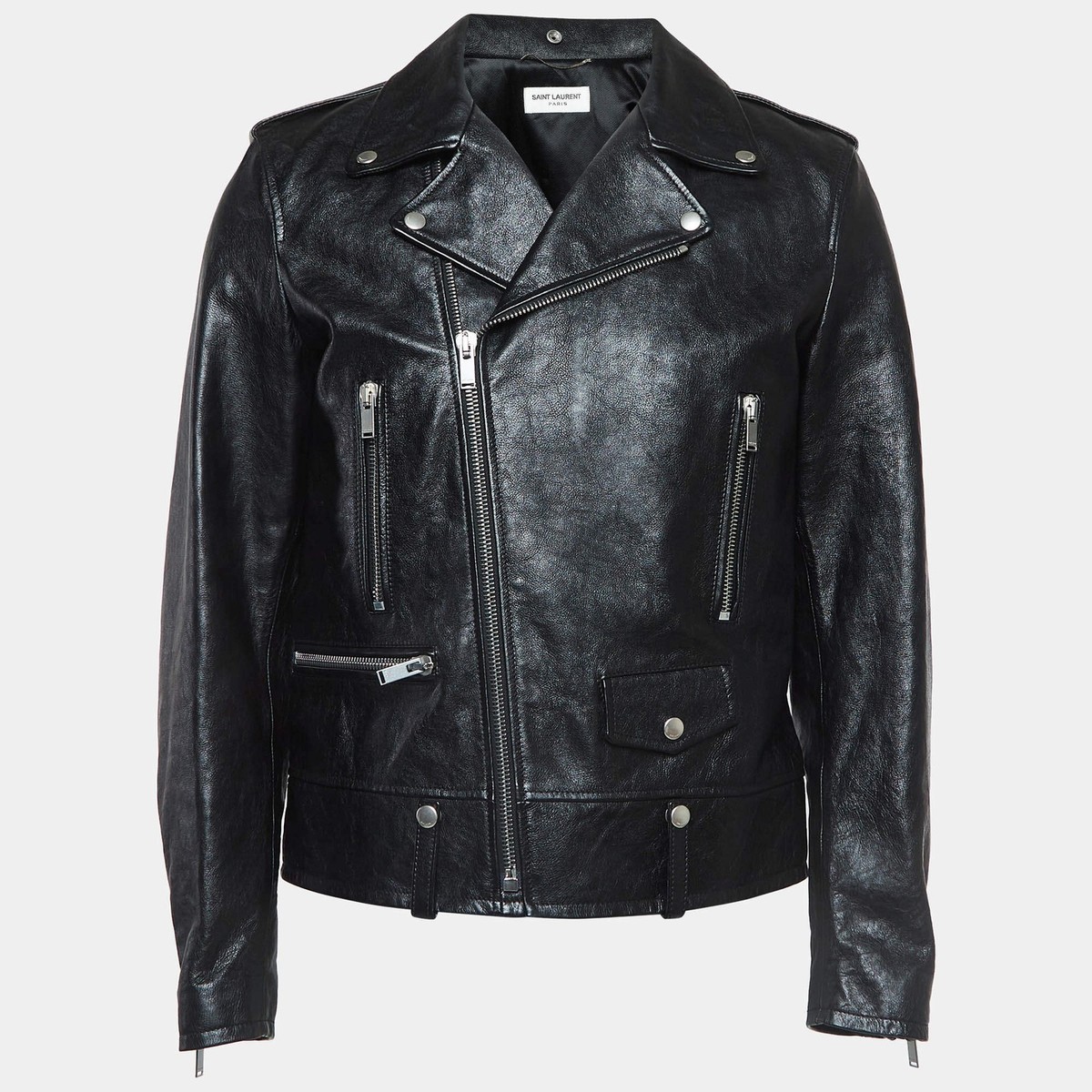 Saint Laurent Paris Black Leather Zipper Detail Biker Jacket XL | eBay