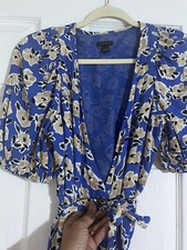 ANN TAYLOR Blue With Ivory Floral Pattern, puff Sleeve Wrap DRESS, Sz 2