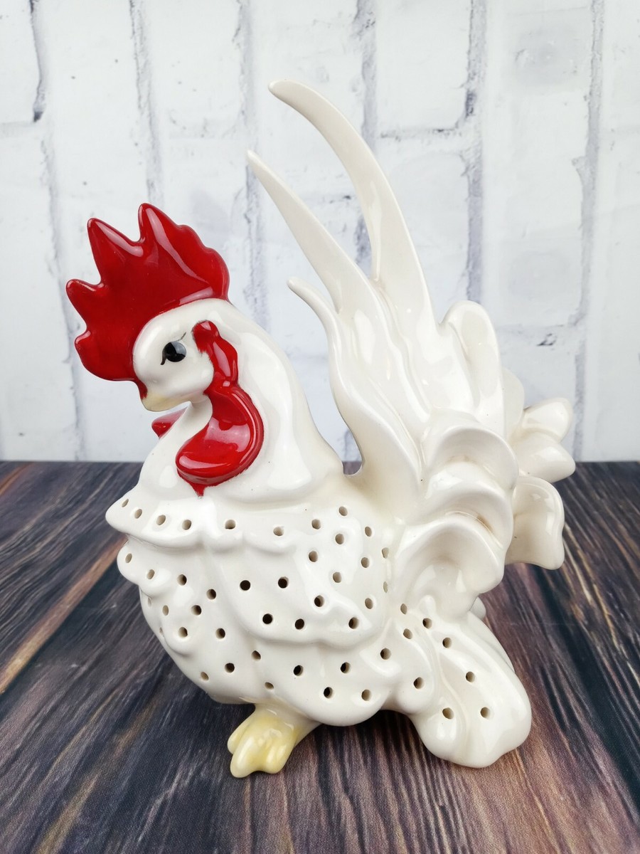 Vintage Ceramic Rooster White Red Spotted MCM 8 Inch Country