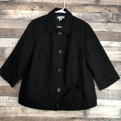 Sag Harbor Black Textured 3/4 Sleeves Front Pockets Buttoned Down Jacket 16W
